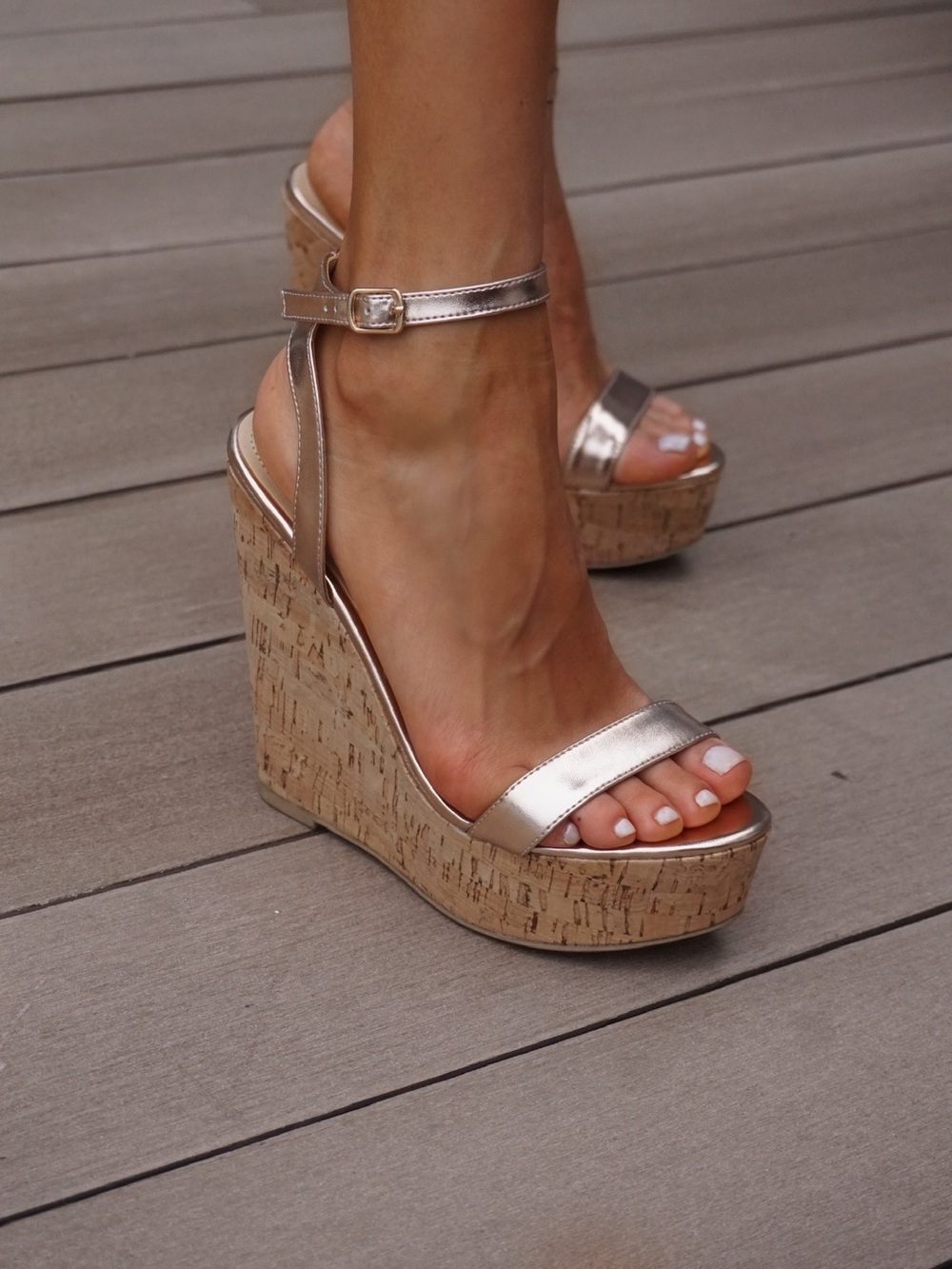 Metallic Rose Gold Cork Wedge Sandals - Women's